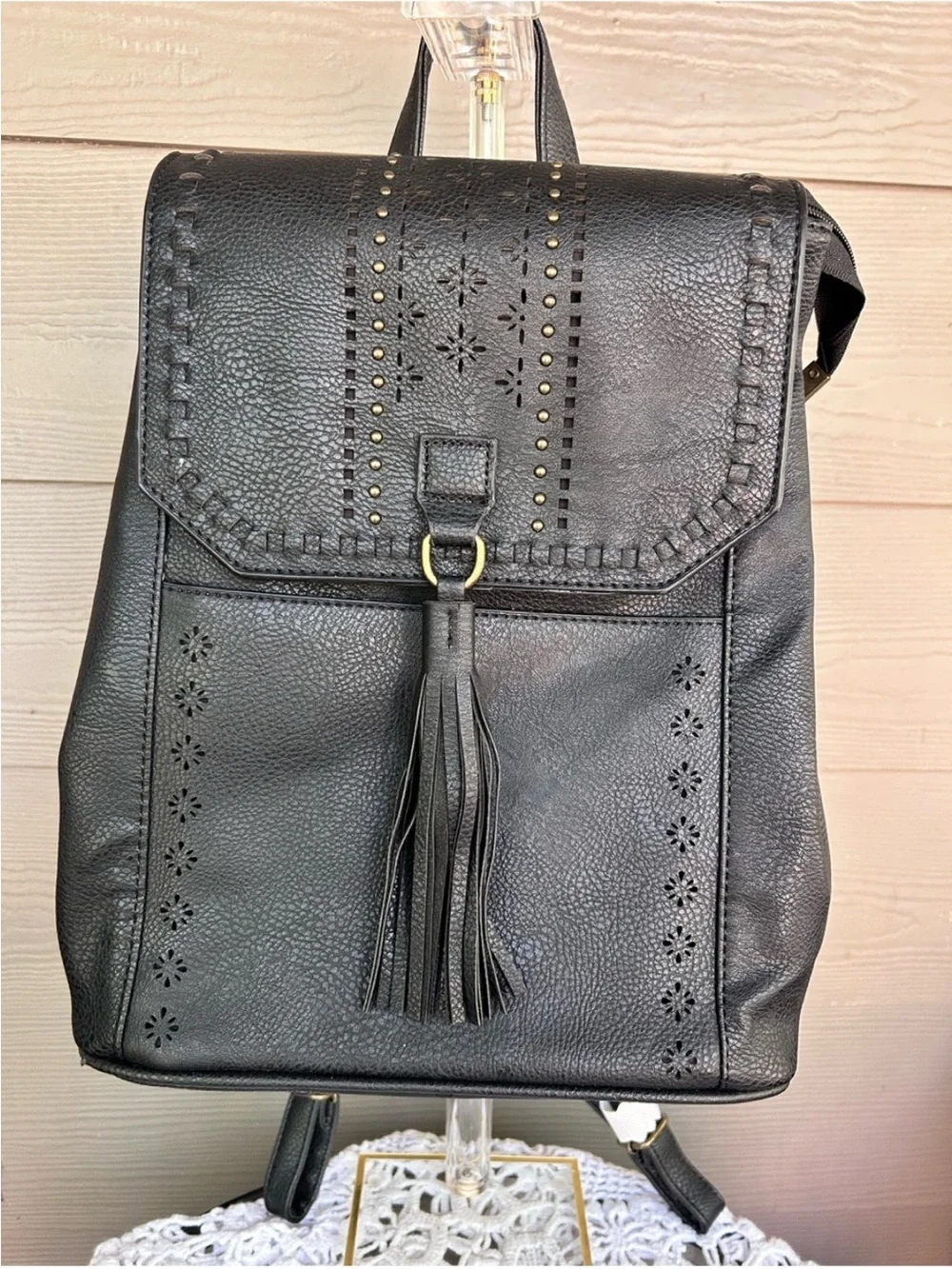 Boho Vegan Leather Tassel Backpack